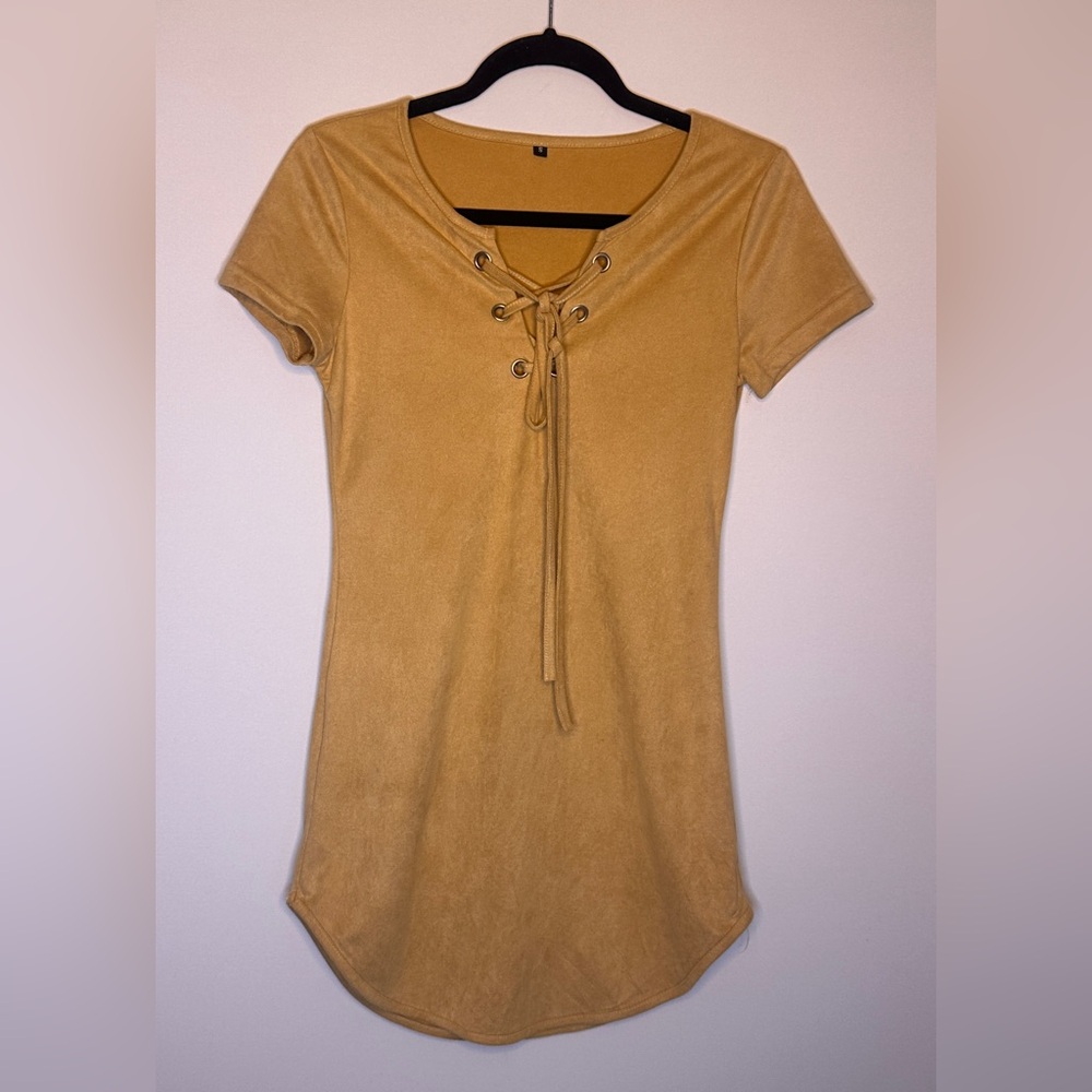 short-sleeve faux suede lace-up mini dress in a mustard camel color